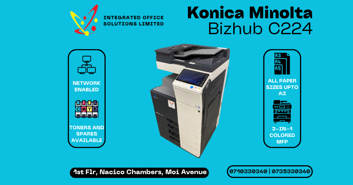 Konica Minolta Bizhub C224 printer in an office environment — used by Integrated Office Solutions LTD